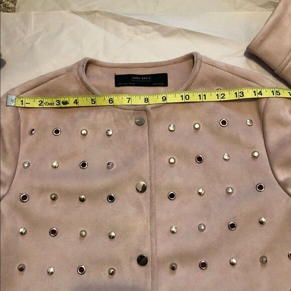 Zara Pastel Pink Faux Suede Studded Jacket Size S Collarless - Picture 10 of 14